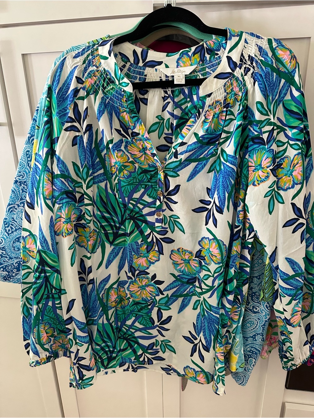 Lilly Pulitzer Elsa Floral Peasant Blouse in Blue and Green